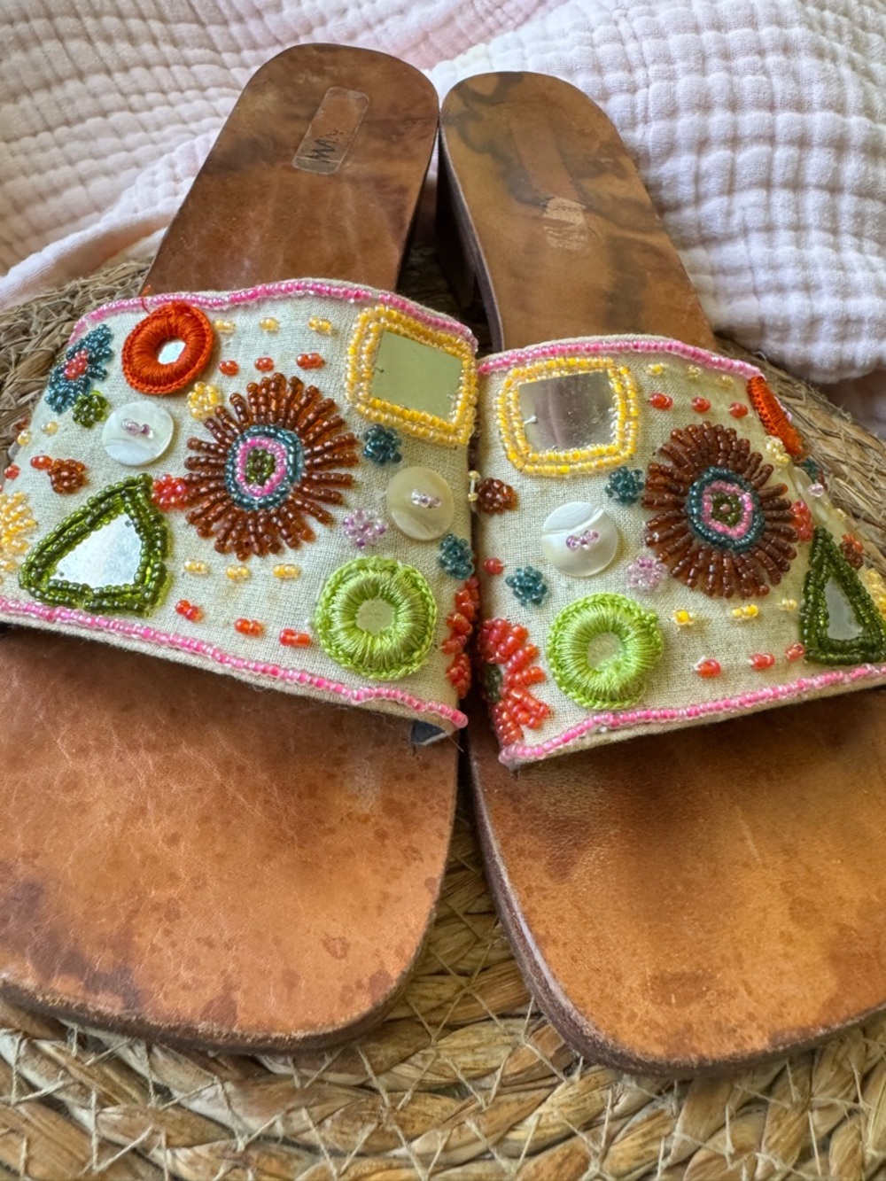 Embroidered Beaded Slide Sandals - Multicolor- boho, leather soles.